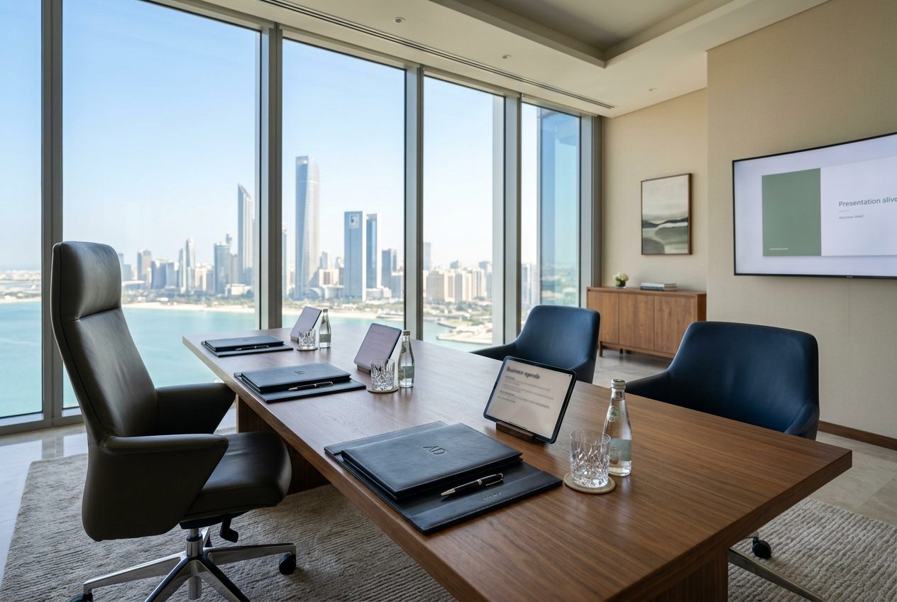 A quiet conference table set for a working session
